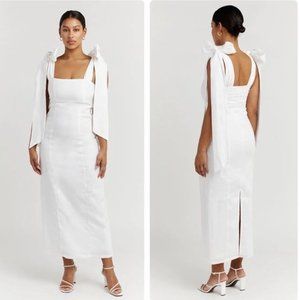 DISSH AISLE WHITE LINEN BOW MIDI DRESS